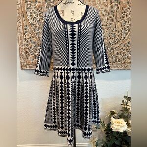Nina Leonard Navy Blue & White Knit Midi Length Dress- size XL